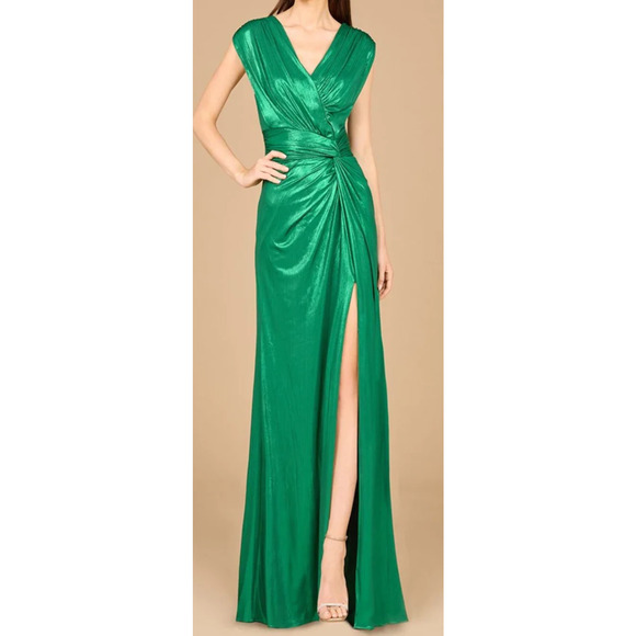 Lara New York 29124 Long Evening Dress Fitted Metallic Green w/Slit Size 18 NWT - Picture 1 of 10